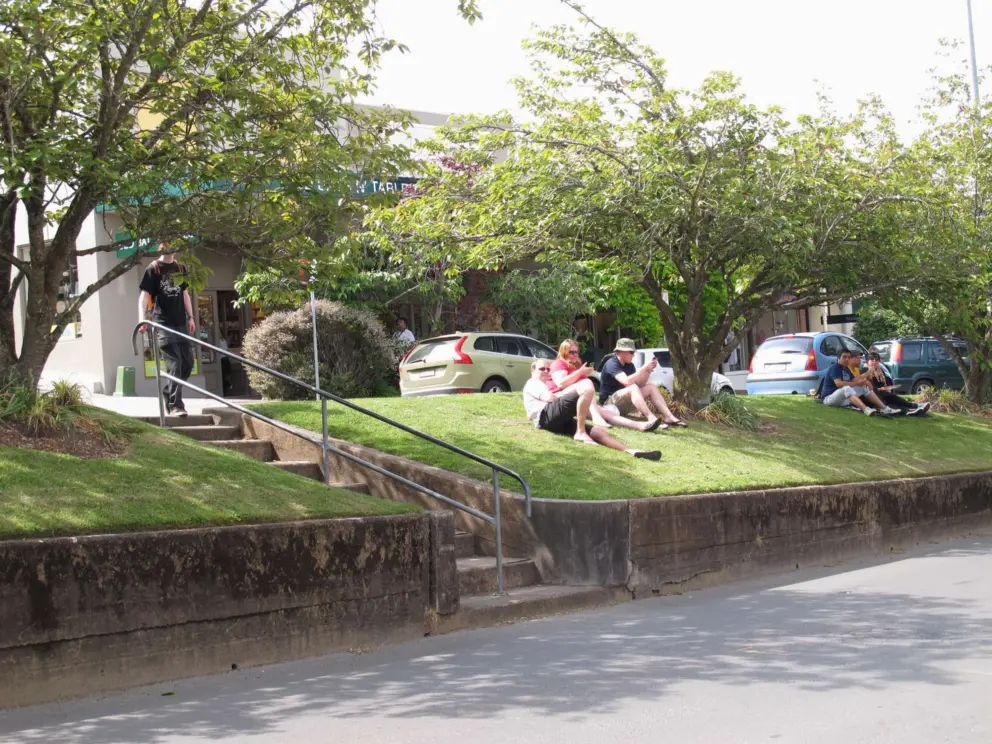 Travelers hanging out in the green median at Leura Mall.