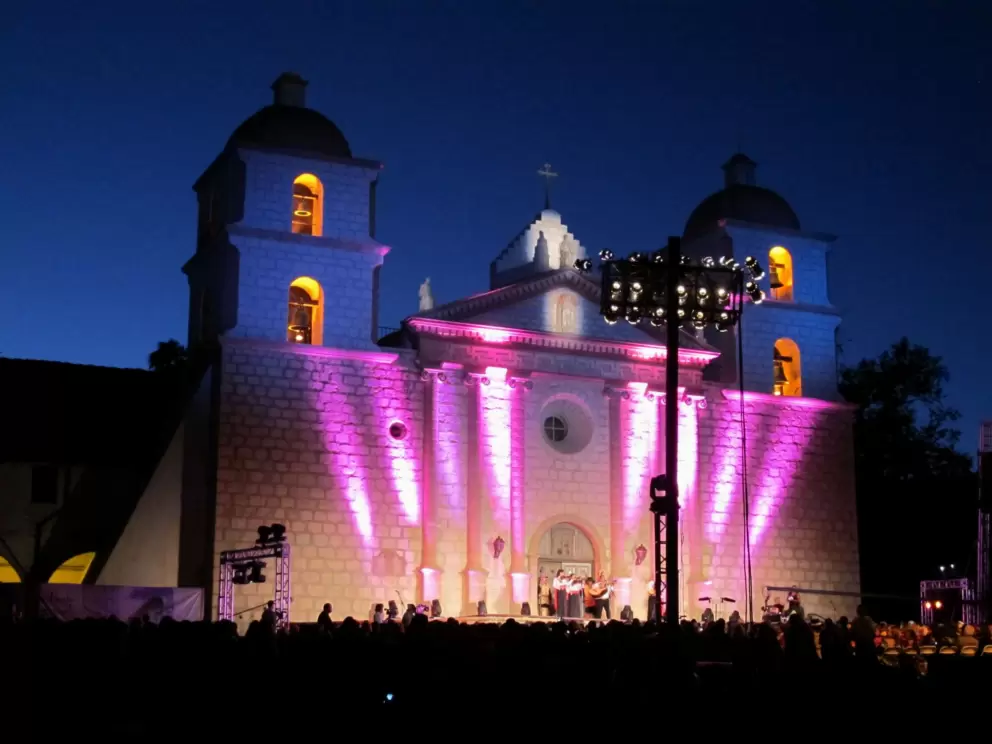 Colored lights bring out the beauty of the mission.