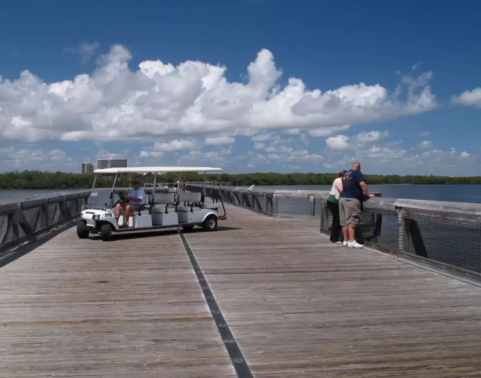 The tram that takes you back over the long boardwalk- fun!