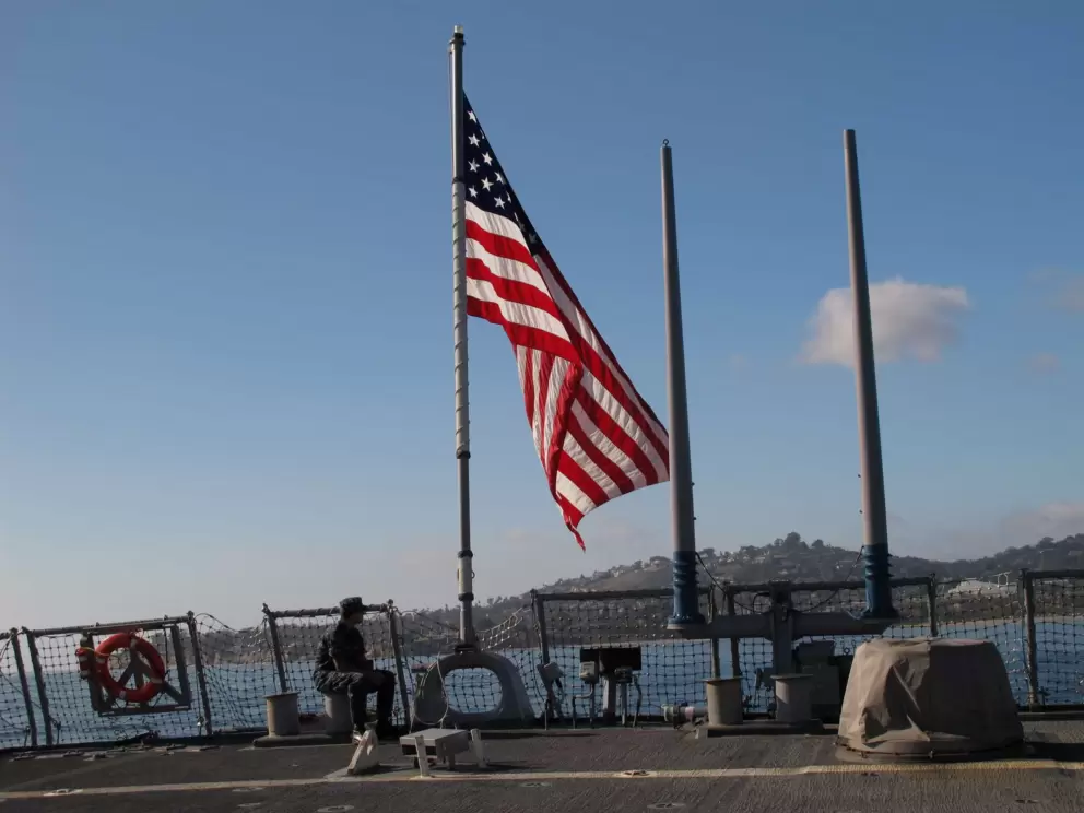 Navy sailor guards USS Milius, which visited Santa Barbara Harbor in November 2011.