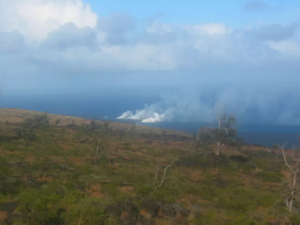 Two plumes rising from where the hot lava met the sea in 2006, seen from Chain of Craters Road.