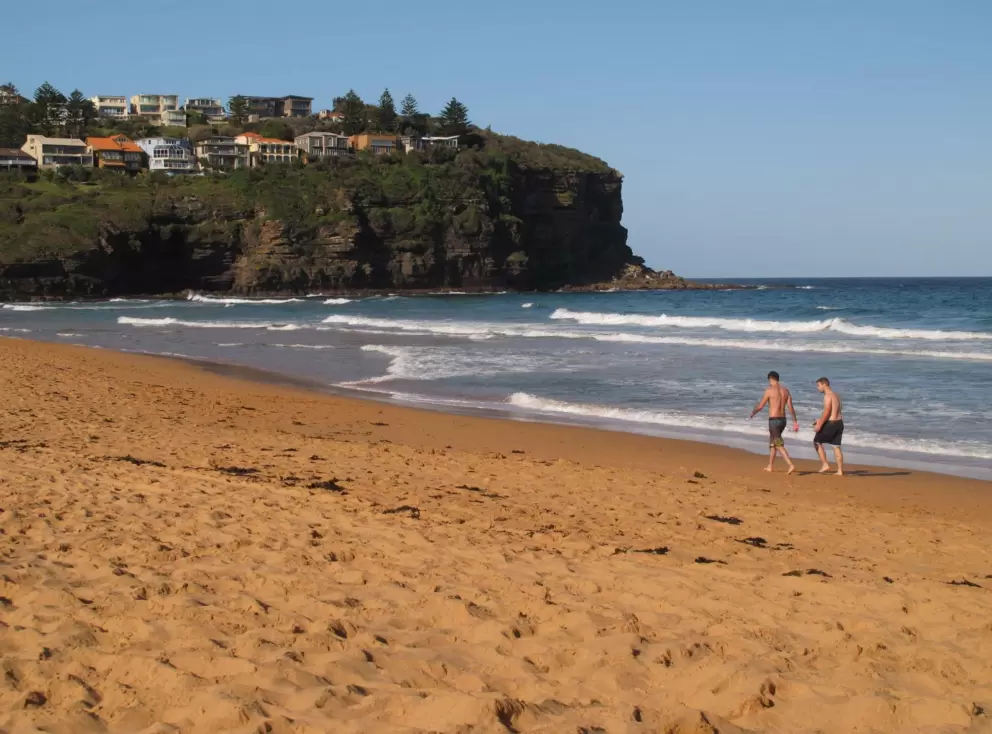 Two guys strolling along the shore.