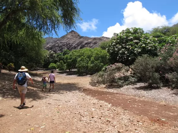 A family begins a hike.