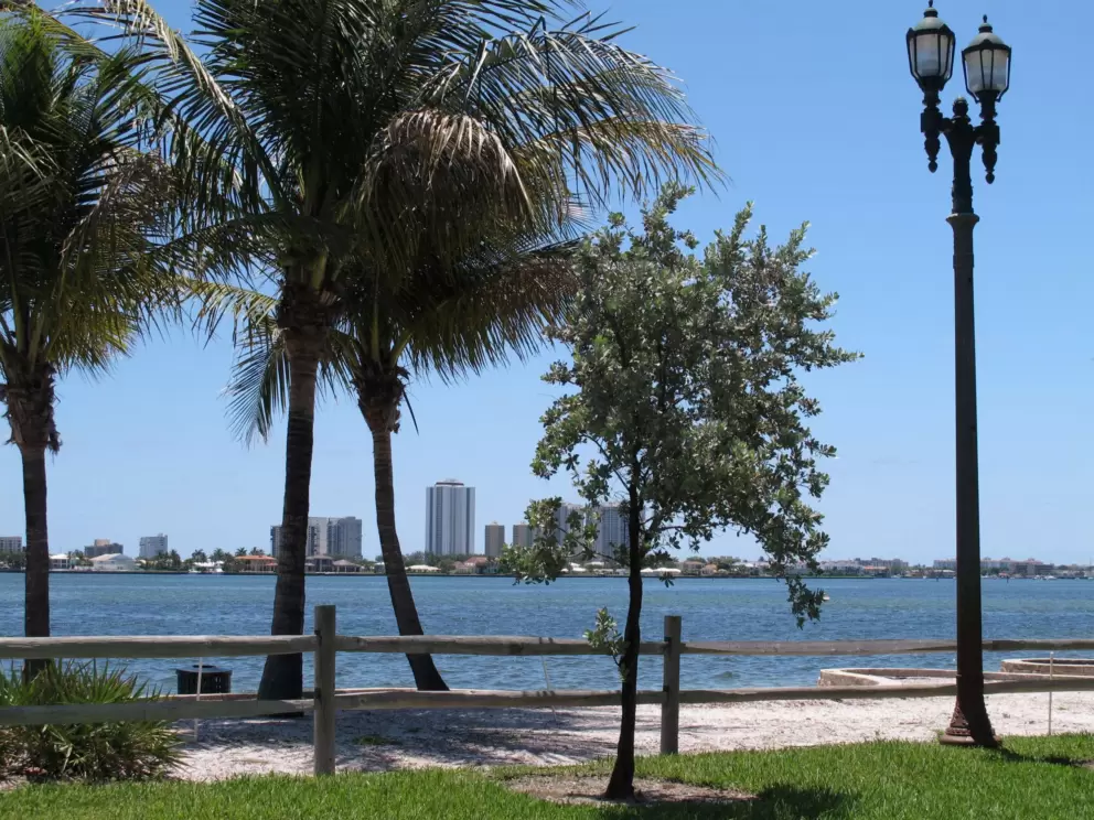 Fancy lamppost. Highrises on Singer Island across the water.
