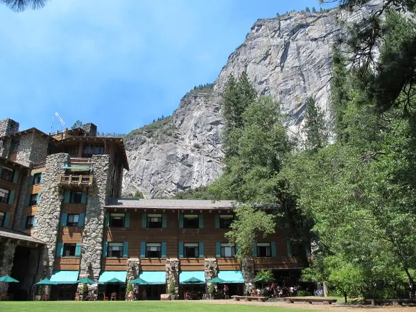 View of Royal Arches rock formation behind the hotel, as seen from the meadow which is in front of the restaurant patio.