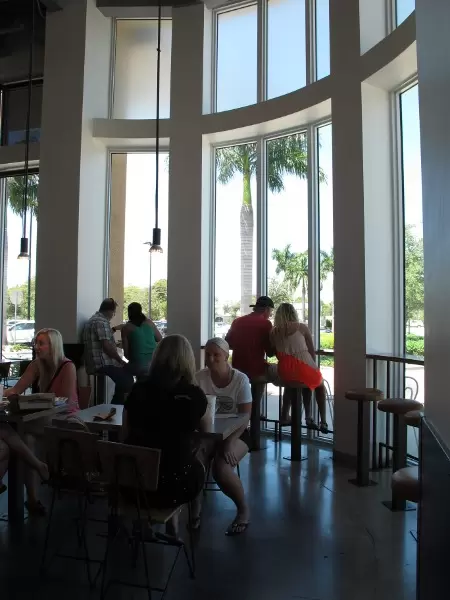 The huge windows in Chipotle Mexican Grill.