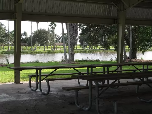 Picnic pavilion beside the playground with views of the lake.
