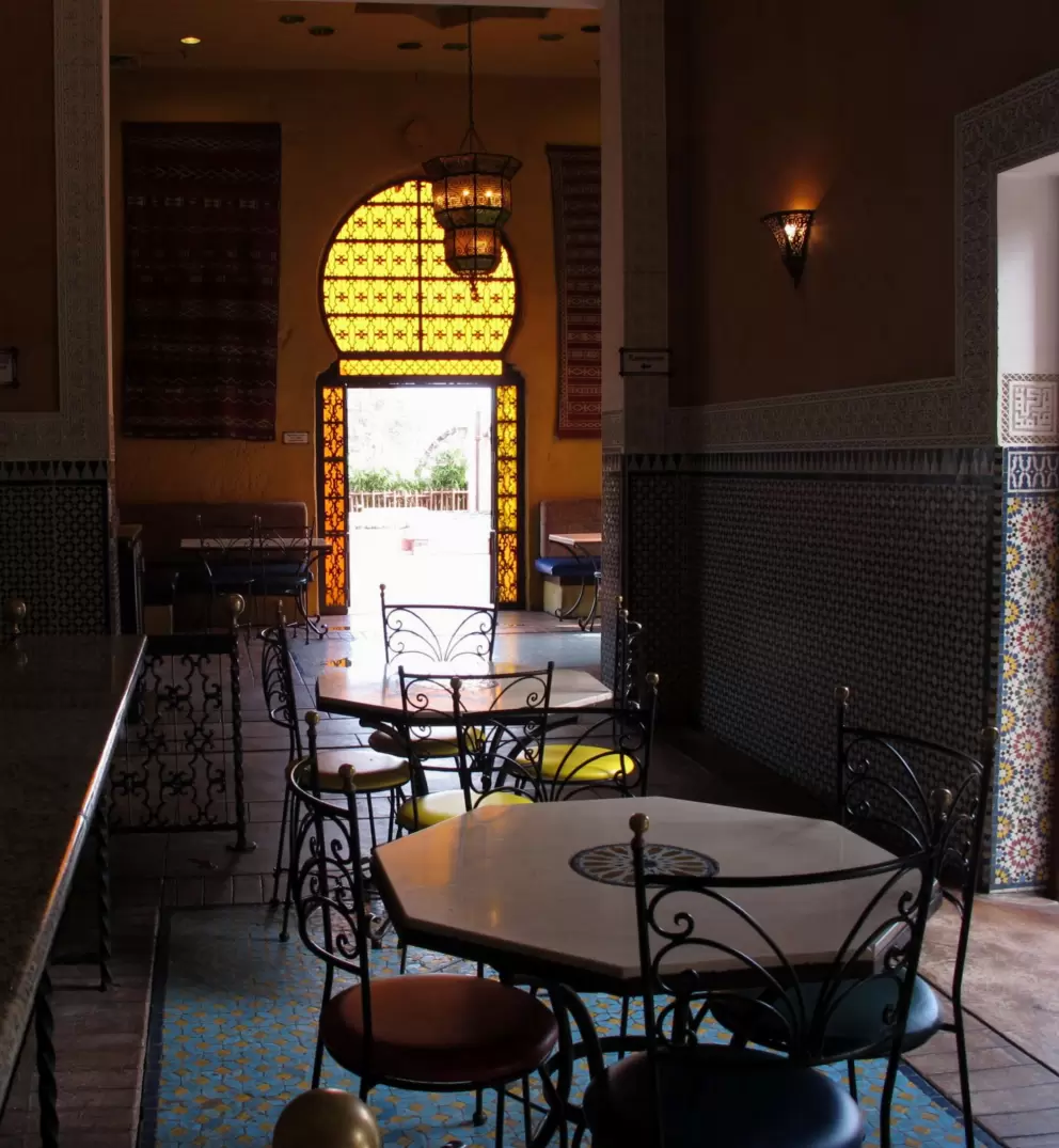 Tangerine Cafe and its gorgeous stained glass window and lanterns.