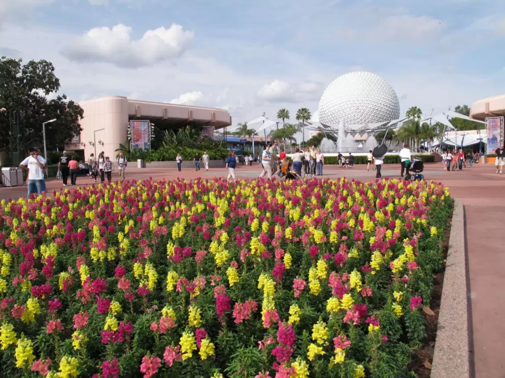 Multi-colored flowers and the Spaceship Earth geosphere.
