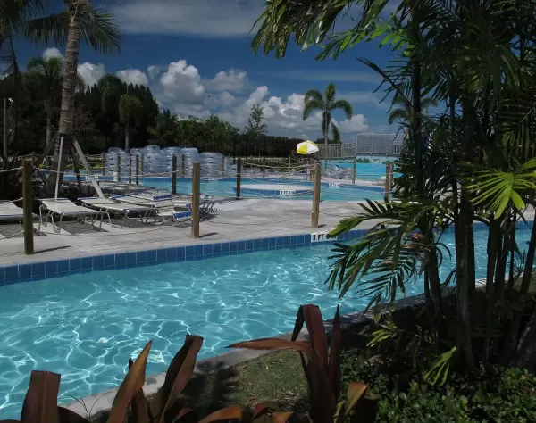 The lazy river goes through tropical vegetation with the forest in the background.