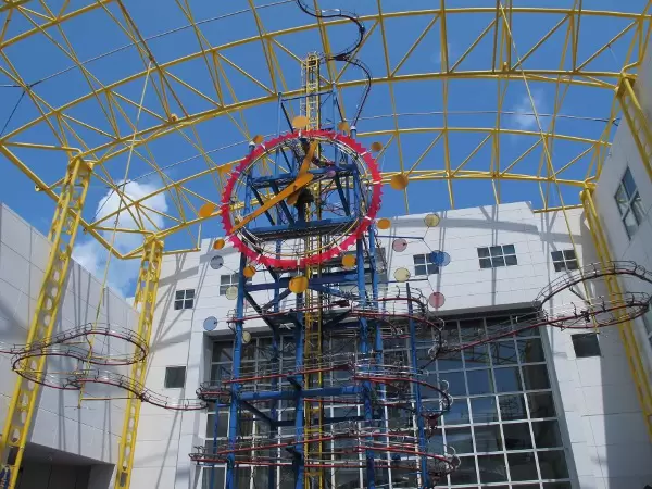 The amazing Great Gravity Clock, a giant kinetic sculpture, at the entrance to the museum.