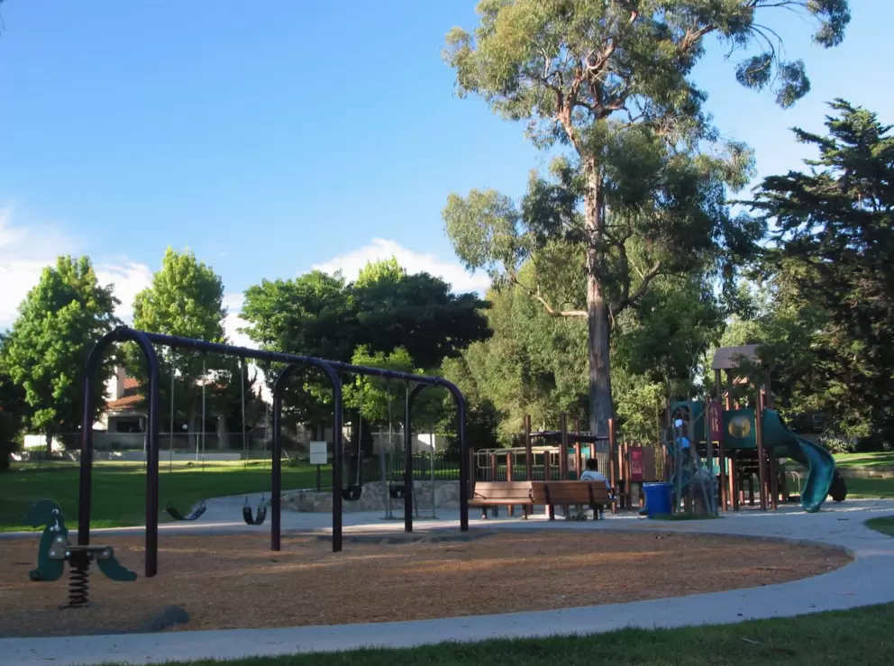 The playground, shaded by trees.