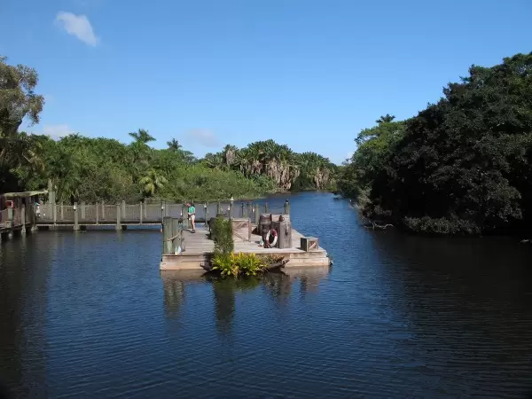The lake, where a bird show is taking place, as seen from the snack cafe.