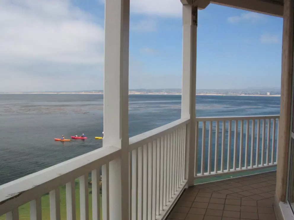 View of Monterey Bay and kayakers from the balcony at Louie Linguine's Restaurant at Cannery Row.