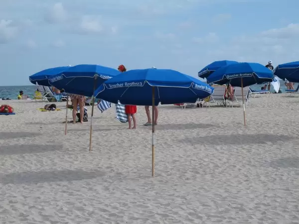 Blue umbrellas in the sand.
