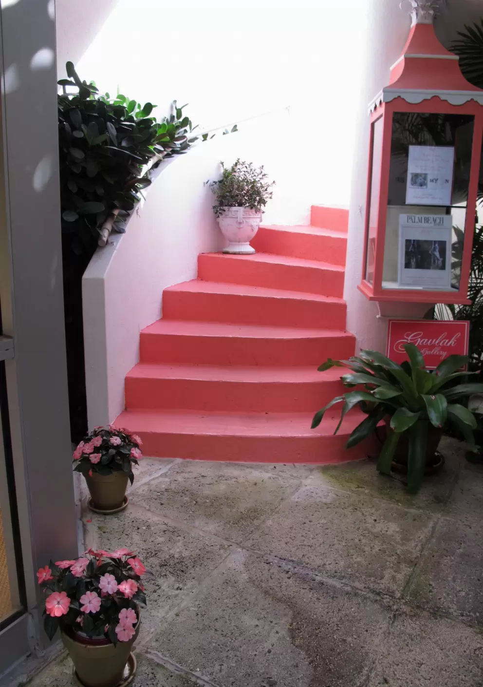 Salmon stairs and flowers.