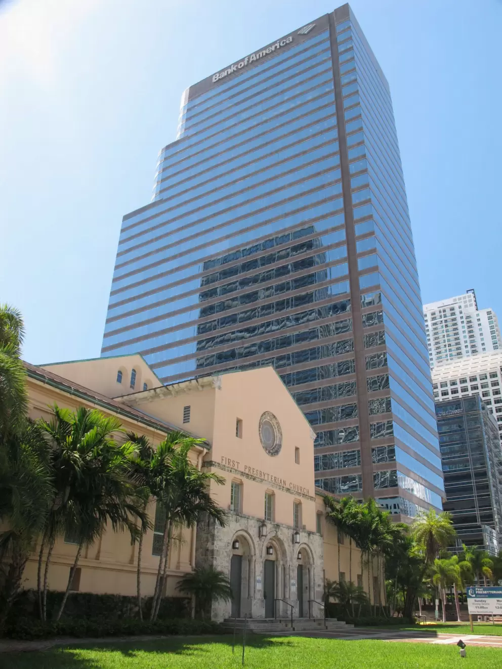 First Presbyterian Church and Bank of America high-rise.