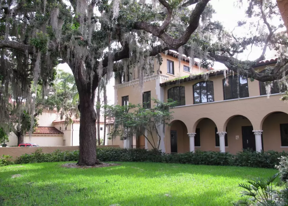 Oak with Spanish moss; arches and white columns.