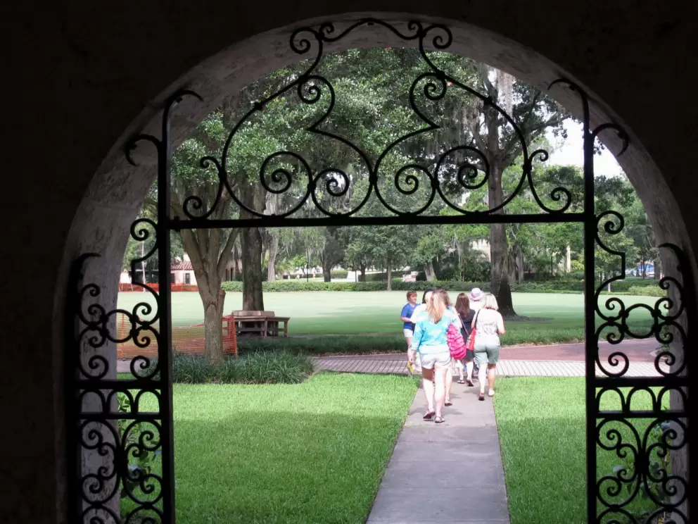 Curlicue ironwork gate.