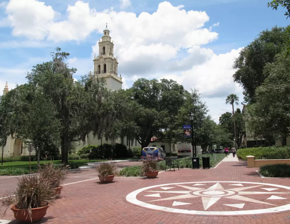Walkway with chapel in the distance.