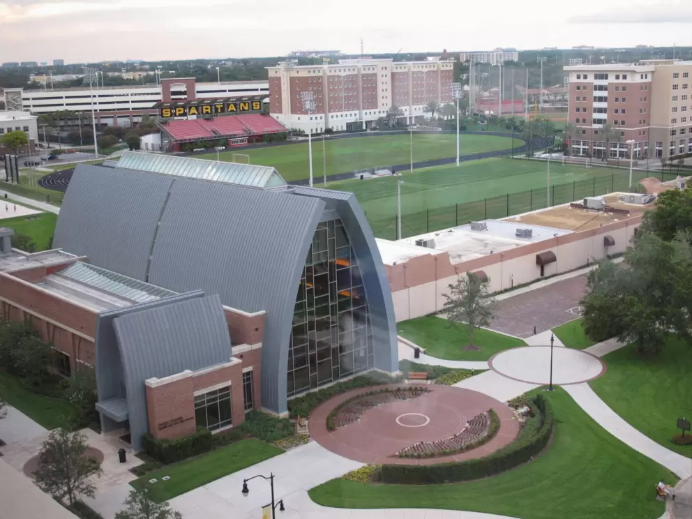 View of Sykes Chapel and the impressive sports fields from the top floor of Vaughn Center.