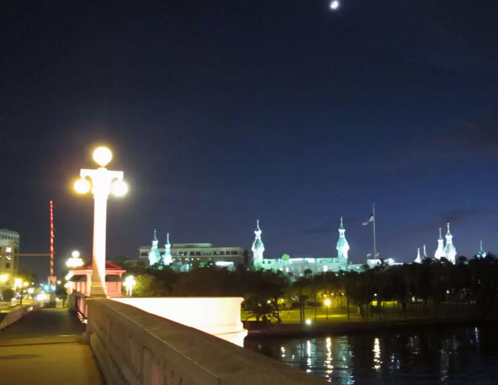 Looking back at campus from the Kennedy Blvd bridge over the river.