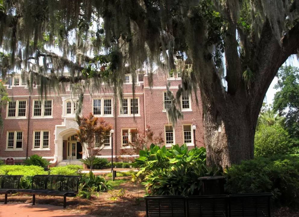 Brick building with cream trim, and oak tree with Spanish moss.