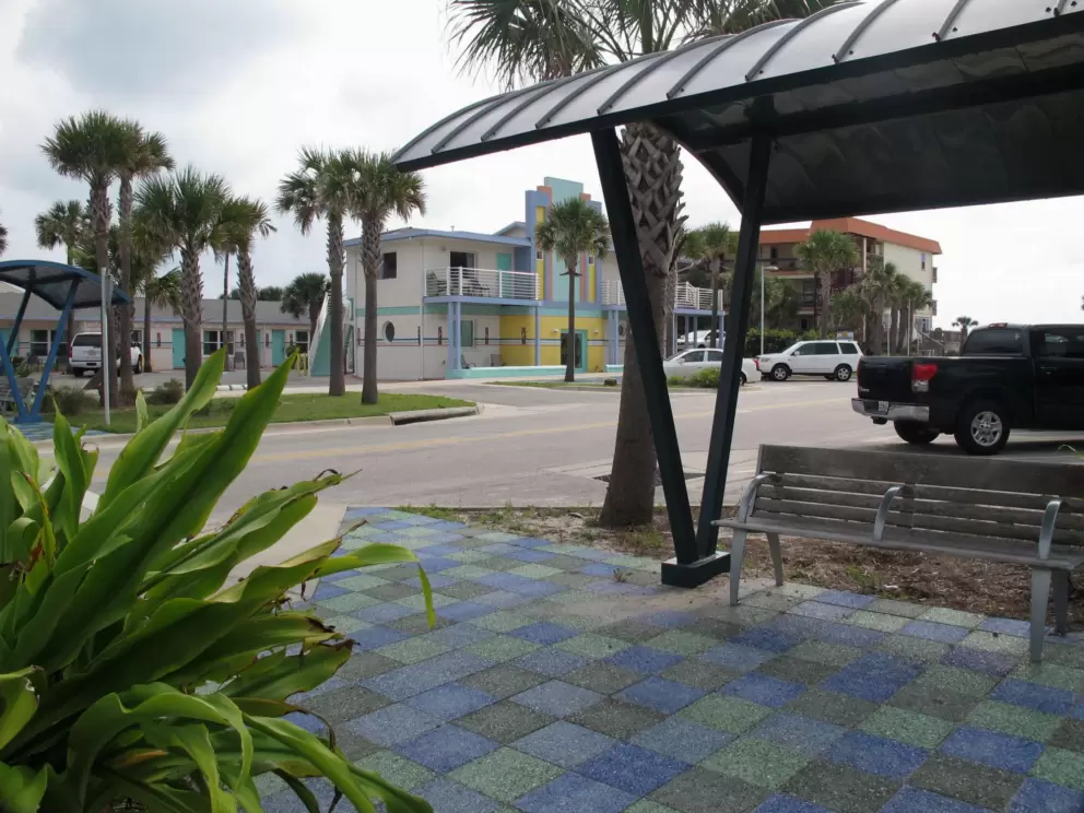 Colorful blue checker pavement on Vilano Rd.