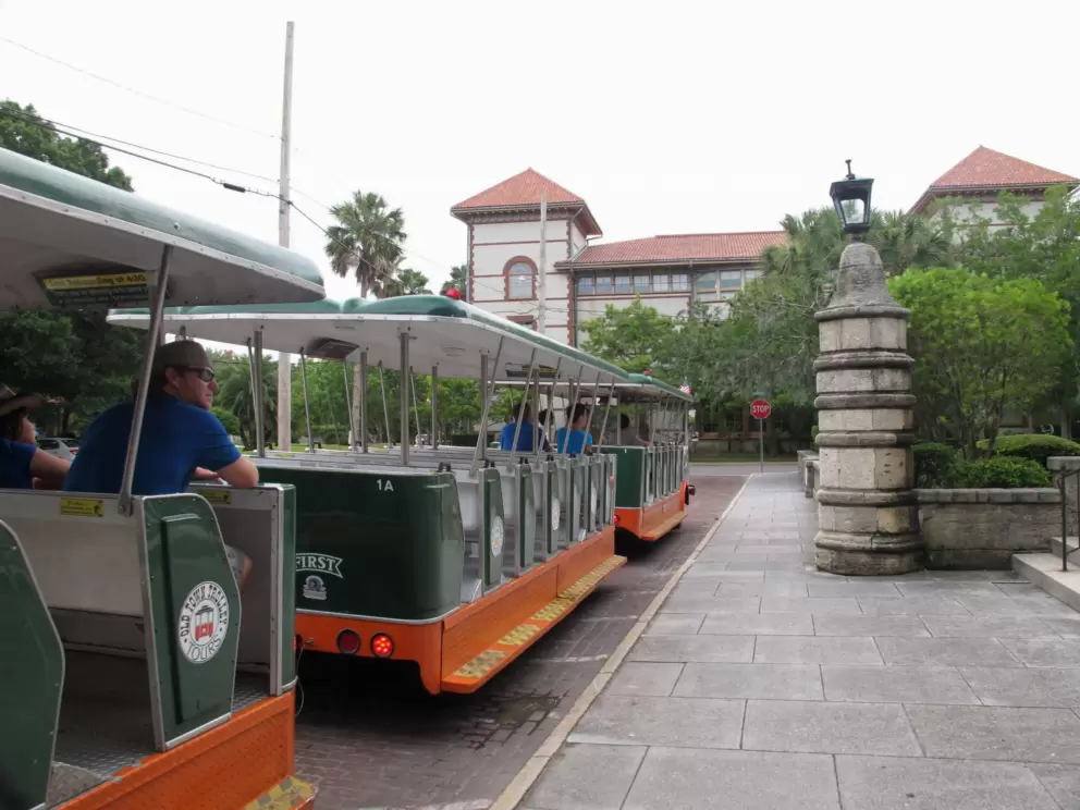Tourist trolley outside Memorial Presbyterian Church.