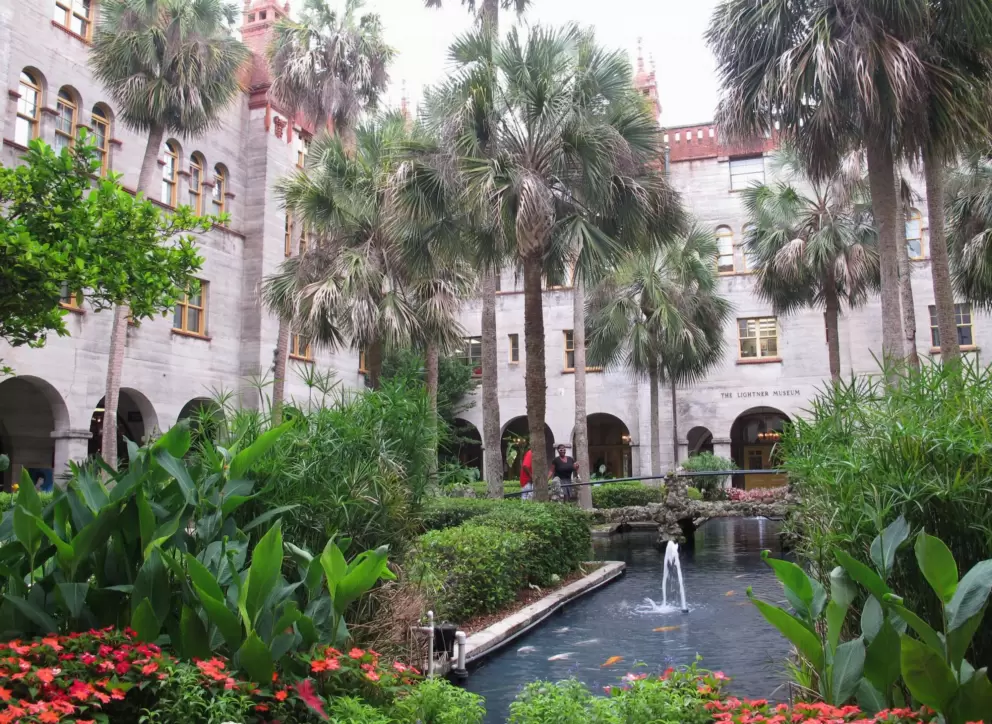 Palms and pond in the magical inner courtyard of the Lightner Museum.