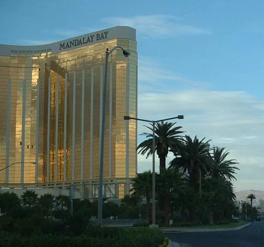 The shimmering gold exterior of the Mandalay Bay Resort.