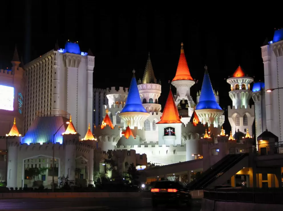 Night-time on The Strip: the Excalibur Resort's castle towers all lit up!