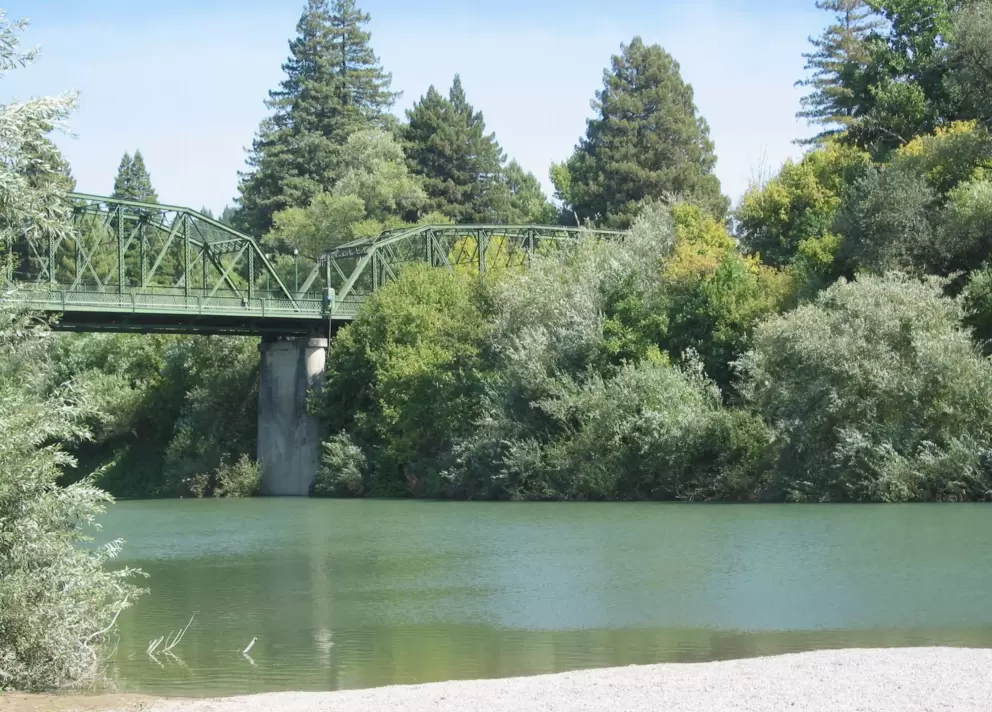 The historic Guerneville Bridge, with the new cement one behind it.
