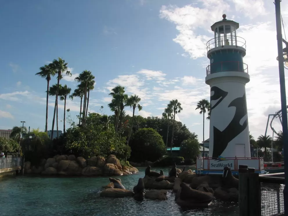 Lighthouse and seals at entrance.