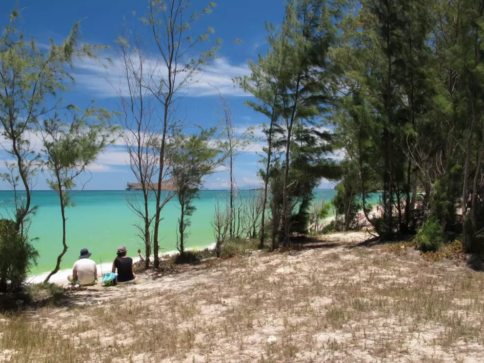 A couple sits, taking in the view.