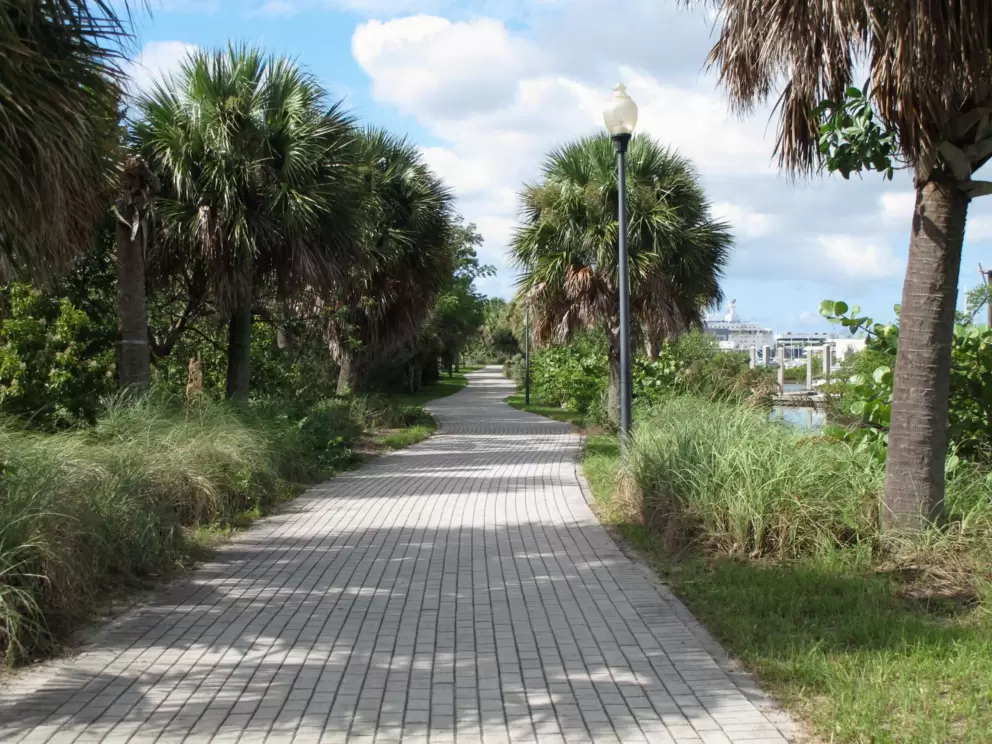 Brick walkway that goes around the island.