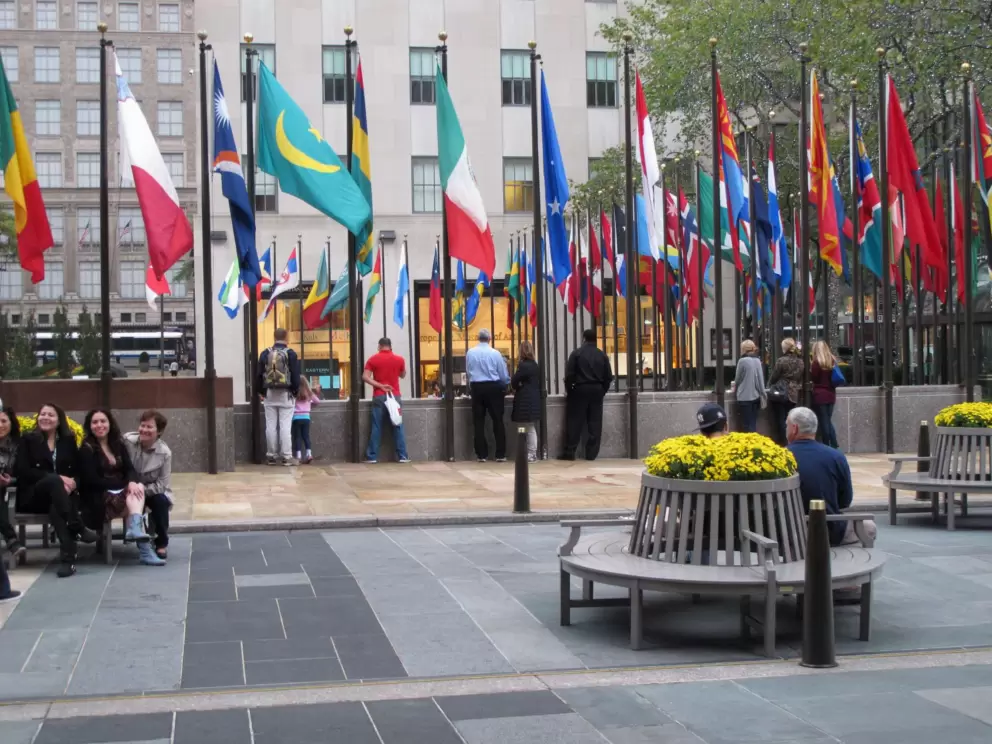 Flags at spacious Rockefeller Center.