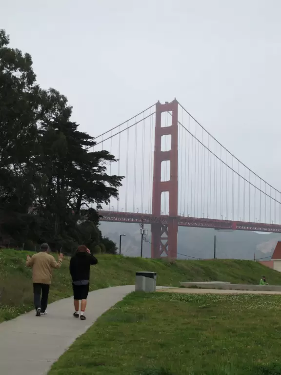 Picnic tables, amphitheater, gift/coffee shop, and wharf, under the Golden Gate Bridge!