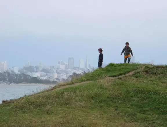 Picnic tables, amphitheater, gift/coffee shop, and wharf, under the Golden Gate Bridge!