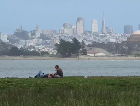 Picnic tables, amphitheater, gift/coffee shop, and wharf, under the Golden Gate Bridge!