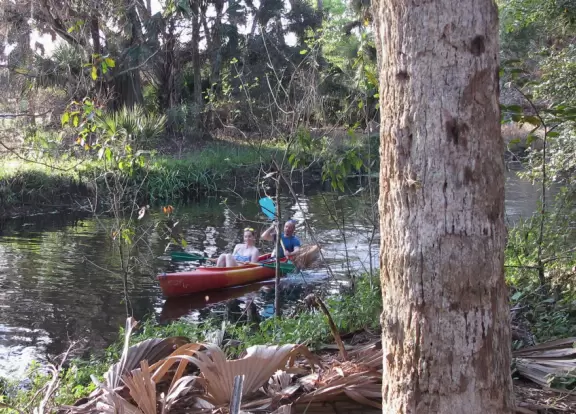 Tropical paradise with amazing trees, soft green grass, and woven huts shading picnic tables with BBQs that line the river, plus bike and kayak rentals. Beware alligators.