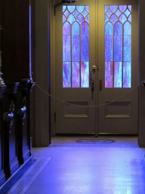 Door with purple stained glass.