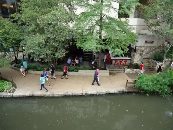 Gorgeous walkways lined with cafes, along the river, one storey below street level.