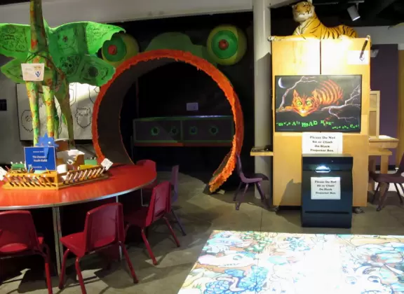 A whimsical room filled with high-tech activities for kids, plus a great cafe.