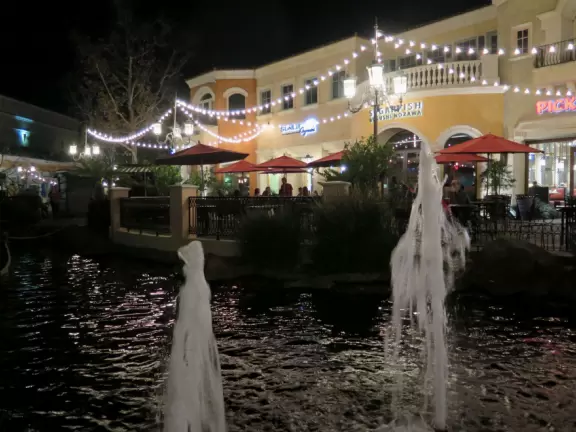 Fountain, pond, and strung lights.