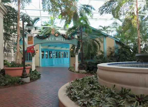 Hotel inside a giant atrium with tropical plants, fish, alligators, and decorations. ICE sculpture event in December.