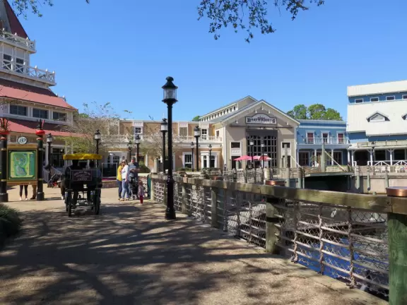 Two resorts that look like New Orleans, plus the lovely walking path along the river that runs between them.