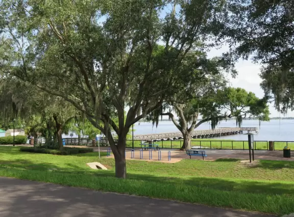 Gorgeous wetland area with wooden pier and promenade with blue benches. Steps from cute cafes and coffee shops of downtown Clermont.