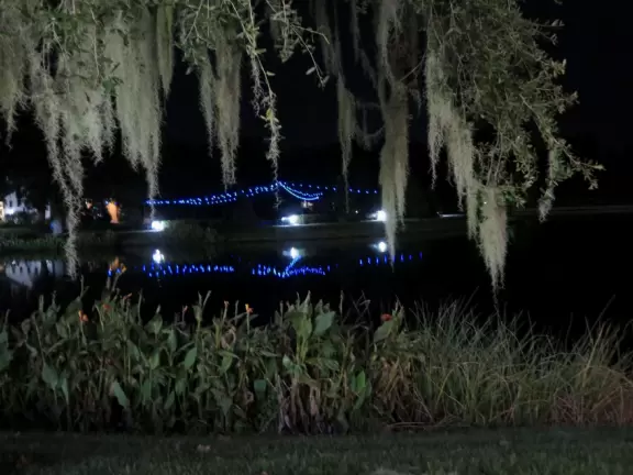 Lakeside Park lit up at night.