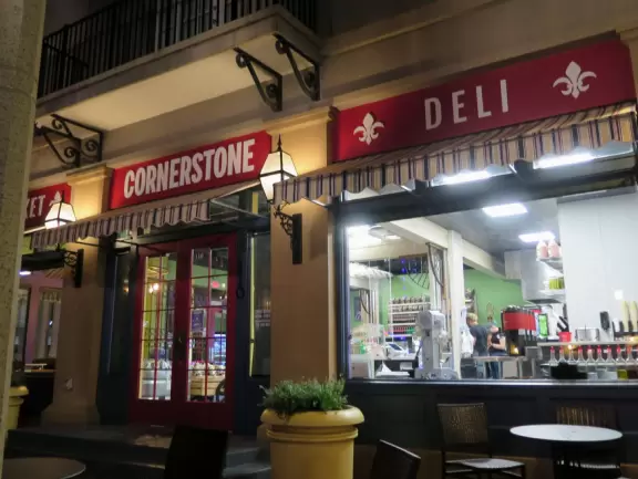 Cornerstone Deli at night.